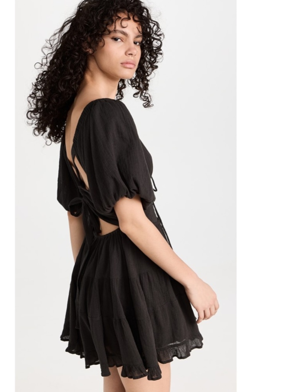 NEW FREE PEOPLE Washed Black PERFECT DAY Cotton Gauze TIERED Tie Mini DRESS XS - Picture 11 of 16